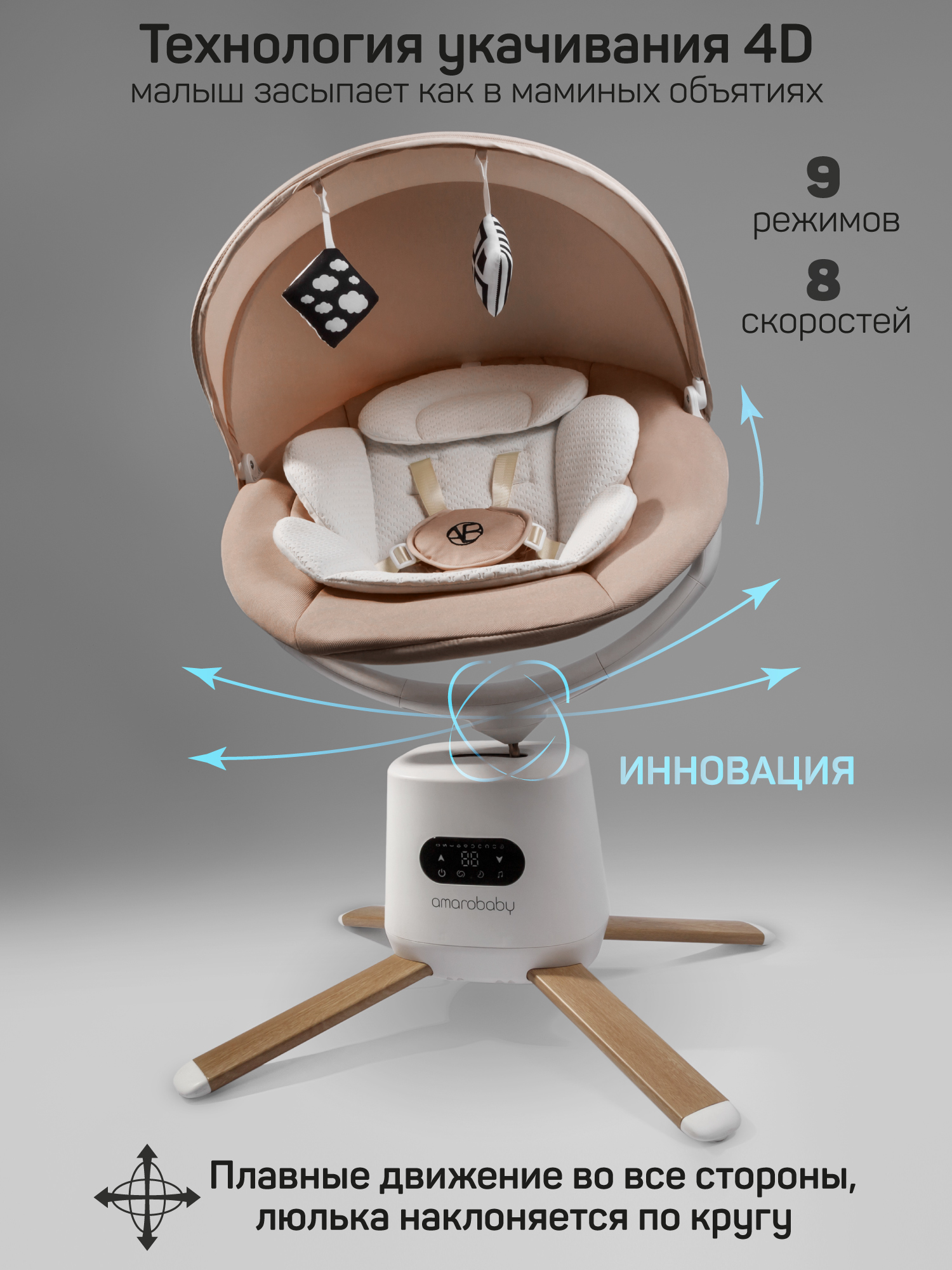 Качели электронные детские Amarobaby Jolly swing, бежевый, белый вкладыш