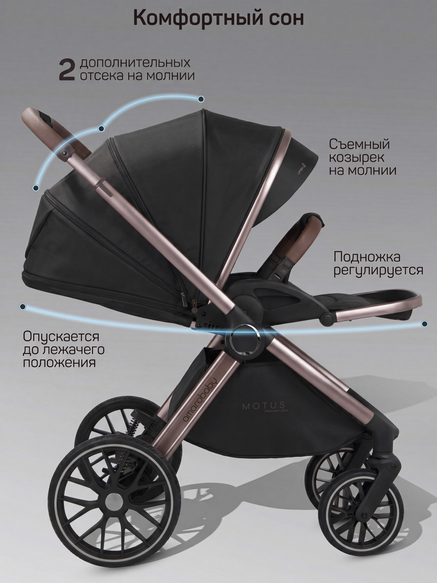 Коляска детская из экокожи 2в1 Amarobaby Motus Premium Ecco Exclusive, черный
