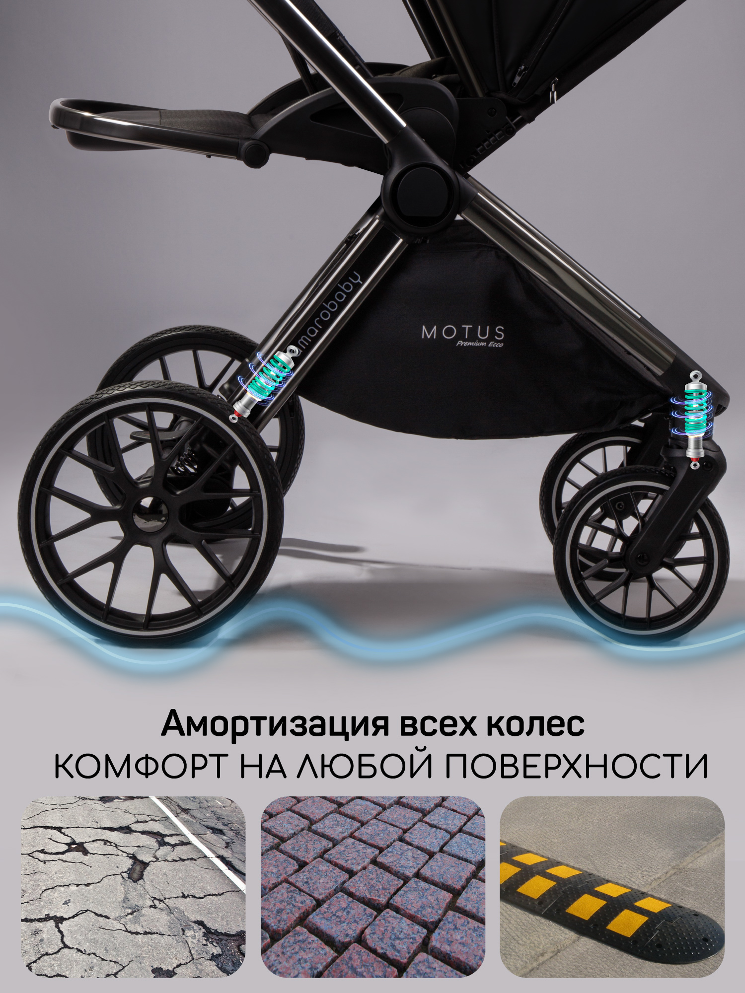 Детская коляска из экокожи 2в1 Amarobaby Motus Premium Ecco, черный