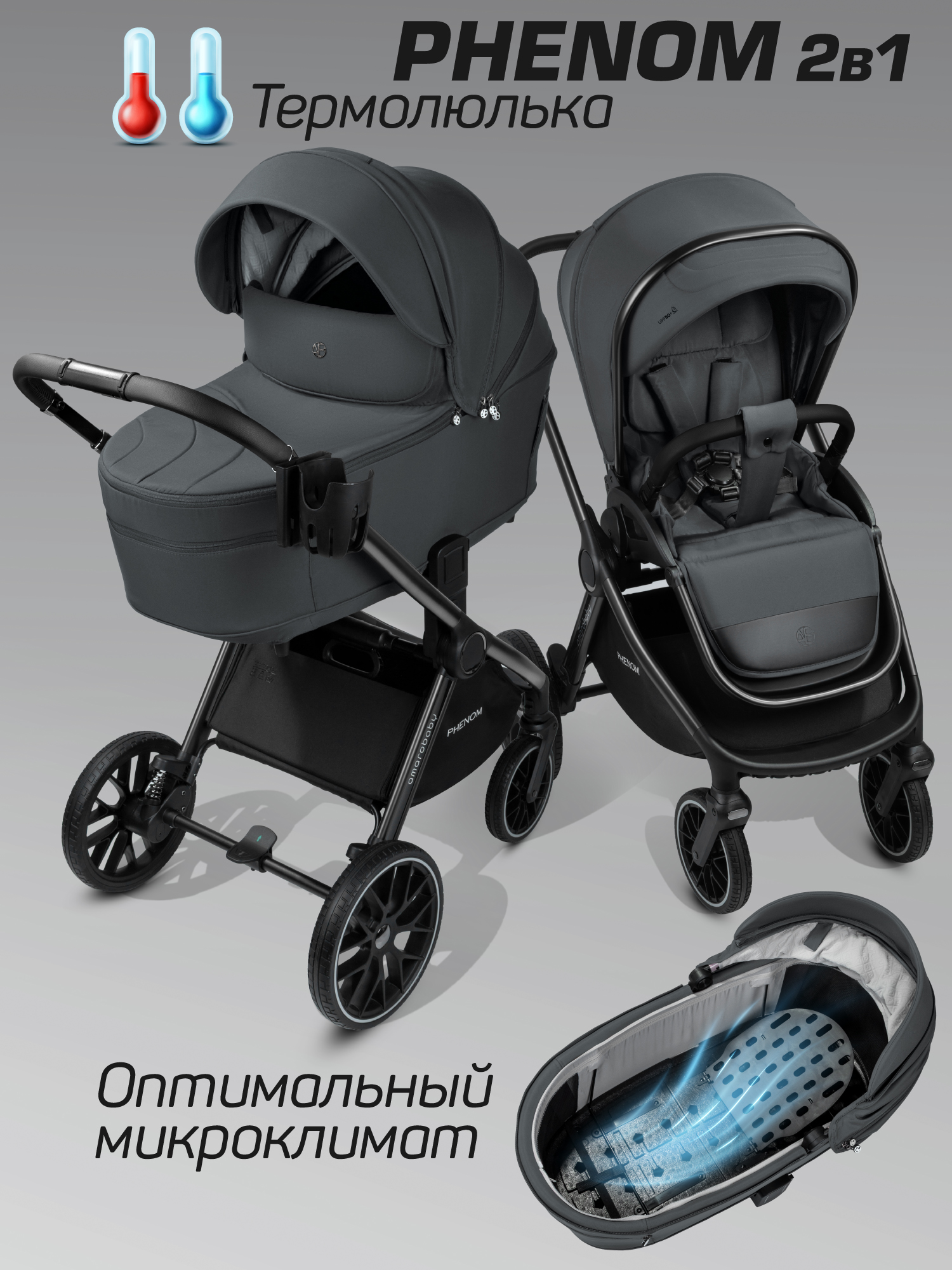 Коляска детская 2в1 с термолюлькой Amarobaby Phenom, графит